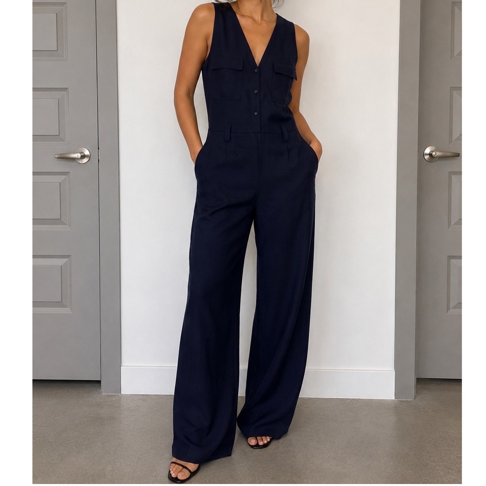 Antonio Melani Navy Blue‎ Tencel Wide Leg Sleeveless Utility Jumpsuit Size 10 ff